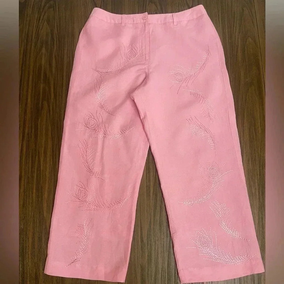 Larry Levine Linen Blend Pink Embroidered Wide Leg Cropped Pants Womens size 8 - Picture 14 of 14